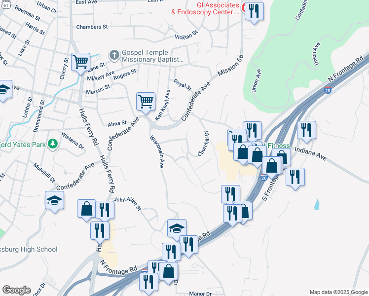 map of restaurants, bars, coffee shops, grocery stores, and more near 123 Cottage Row Drive in Vicksburg