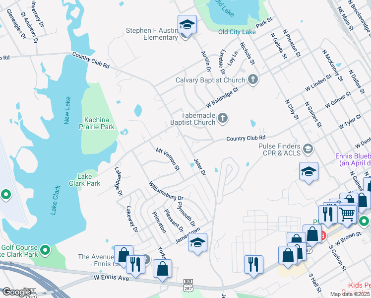 map of restaurants, bars, coffee shops, grocery stores, and more near 1202 Royse Ridge Road in Ennis