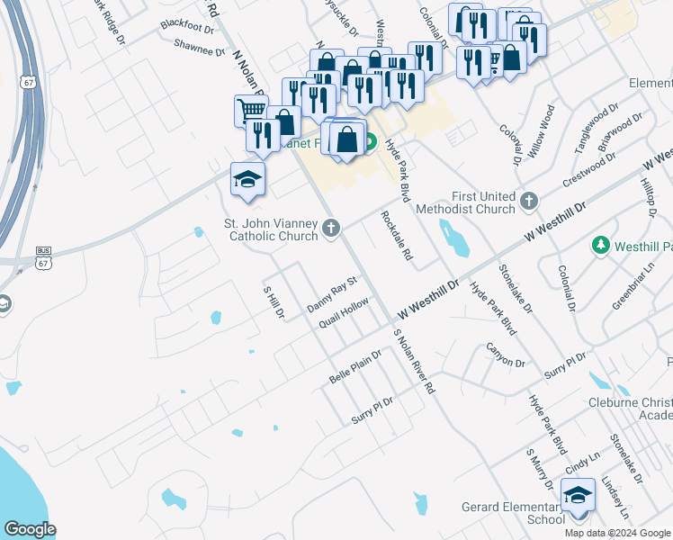 map of restaurants, bars, coffee shops, grocery stores, and more near 1608 Danny Ray in Cleburne