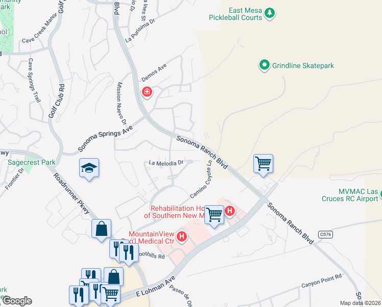 map of restaurants, bars, coffee shops, grocery stores, and more near 633 La Melodia Drive in Las Cruces