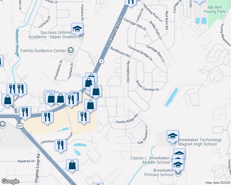 map of restaurants, bars, coffee shops, grocery stores, and more near 5701 Calmar Drive in Montgomery