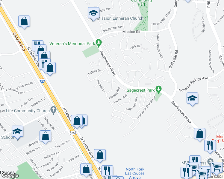 map of restaurants, bars, coffee shops, grocery stores, and more near 2166 Frontier Drive in Las Cruces