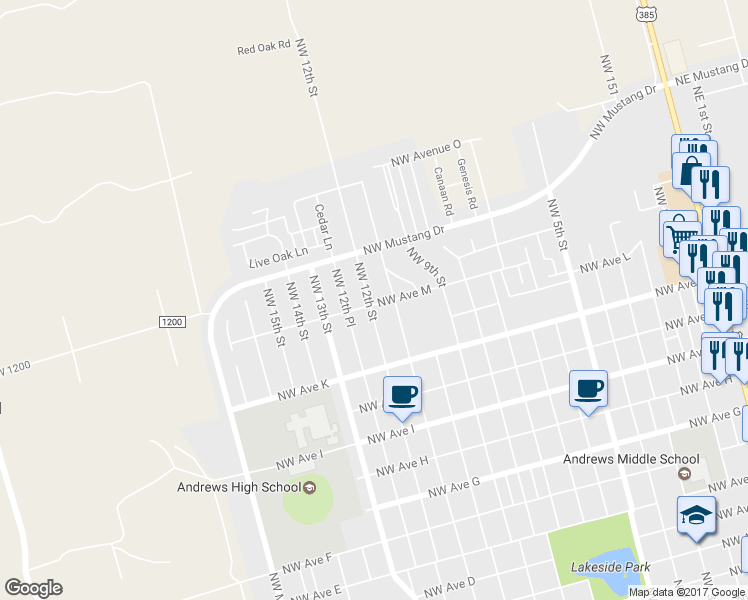 map of restaurants, bars, coffee shops, grocery stores, and more near 1300 Northwest 12th Place in Andrews