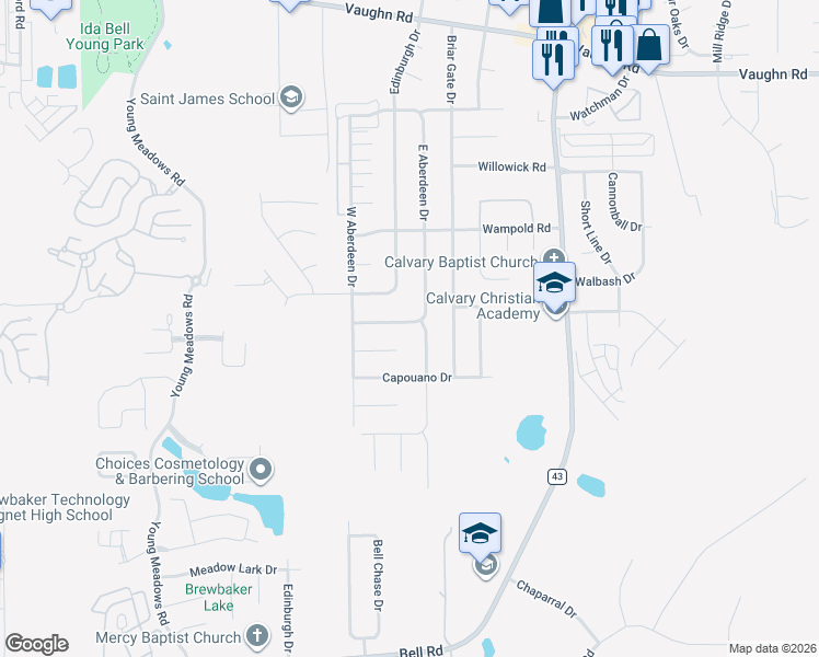 map of restaurants, bars, coffee shops, grocery stores, and more near 2261 East Aberdeen Drive in Montgomery
