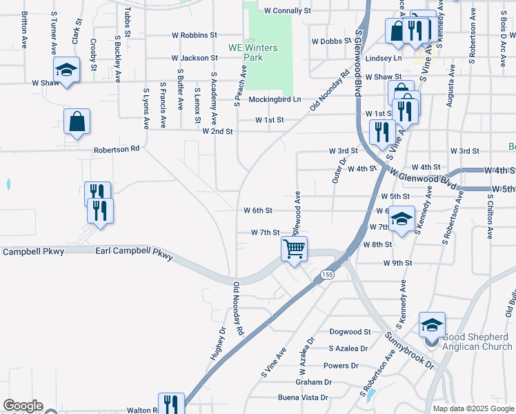 map of restaurants, bars, coffee shops, grocery stores, and more near 1622 West 6th Street in Tyler