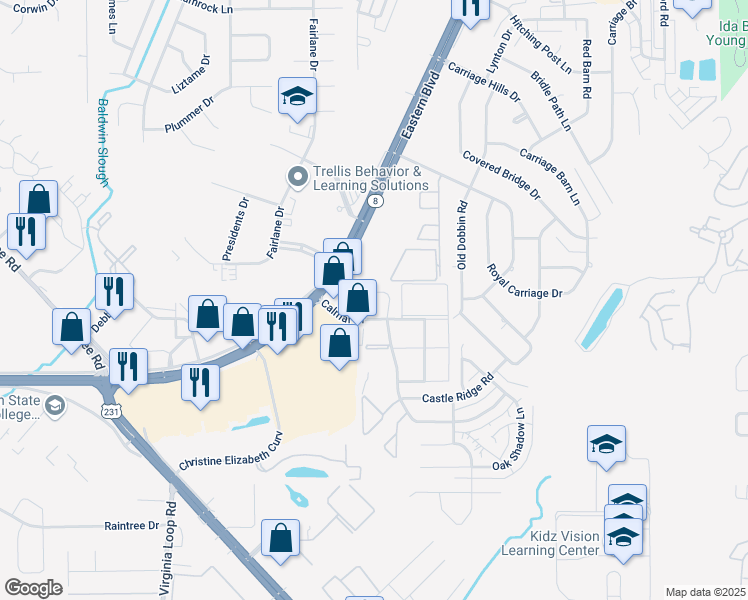 map of restaurants, bars, coffee shops, grocery stores, and more near 5601 Calmar Drive in Montgomery