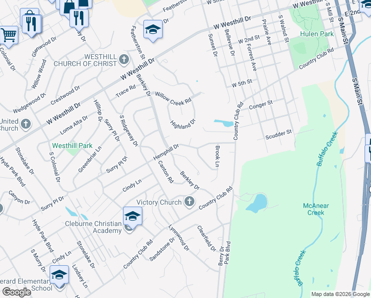 map of restaurants, bars, coffee shops, grocery stores, and more near 1109 Cottonwood Court in Cleburne
