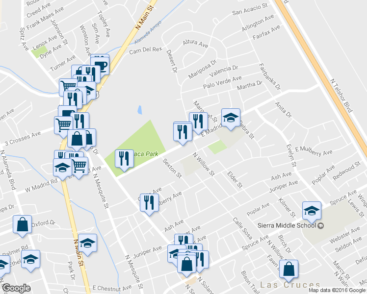 map of restaurants, bars, coffee shops, grocery stores, and more near 1204 East Madrid Avenue in Las Cruces