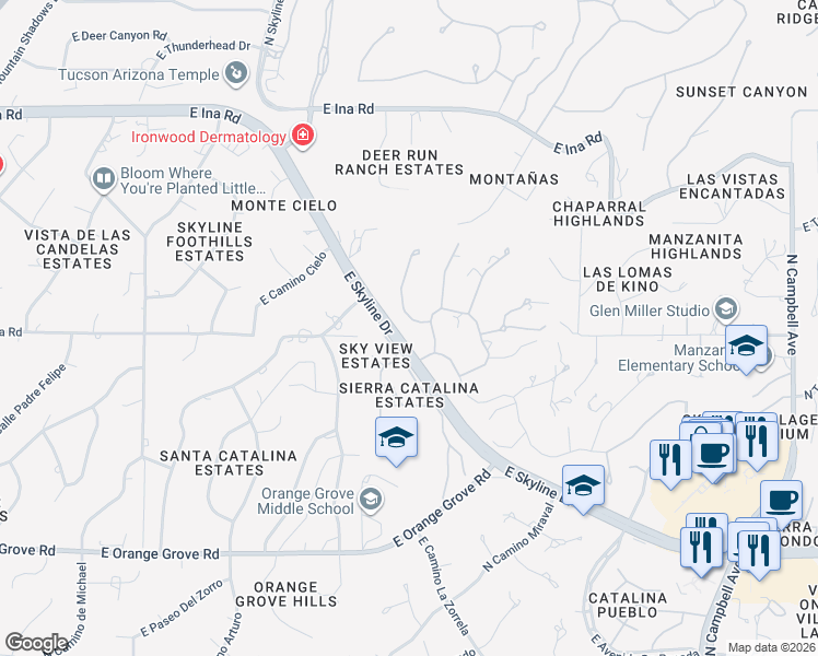 map of restaurants, bars, coffee shops, grocery stores, and more near 2121 East Círculo Solaz in Tucson