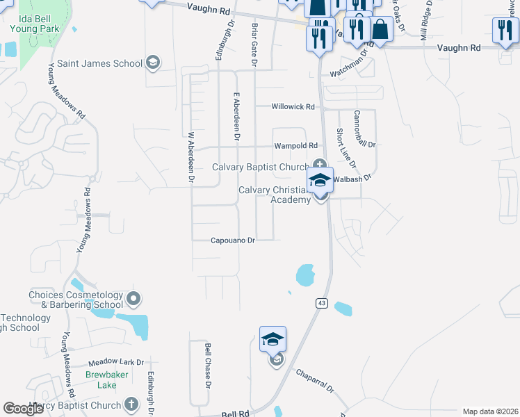 map of restaurants, bars, coffee shops, grocery stores, and more near 2320 Briar Gate Drive in Montgomery