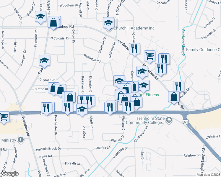 map of restaurants, bars, coffee shops, grocery stores, and more near 4020 Fieldcrest Drive in Montgomery
