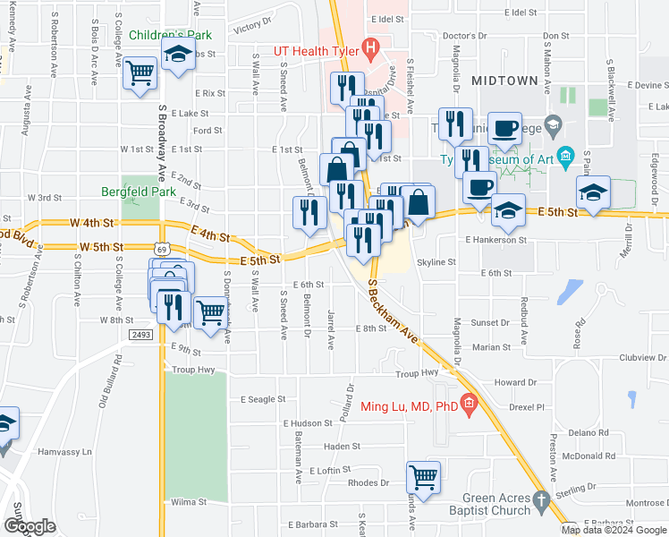 map of restaurants, bars, coffee shops, grocery stores, and more near 1800 Jarrel Avenue in Tyler