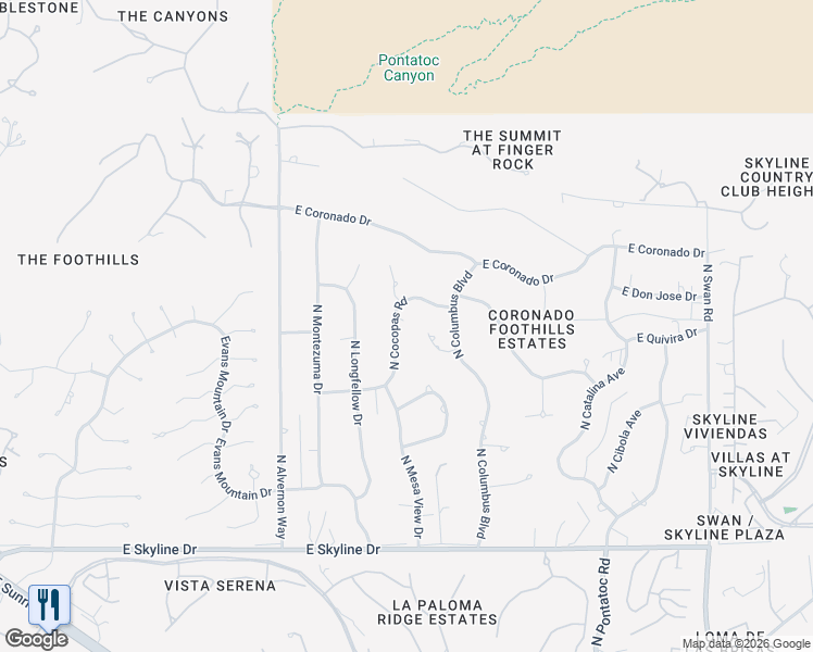 map of restaurants, bars, coffee shops, grocery stores, and more near 6800 North Cocopas Road in Tucson