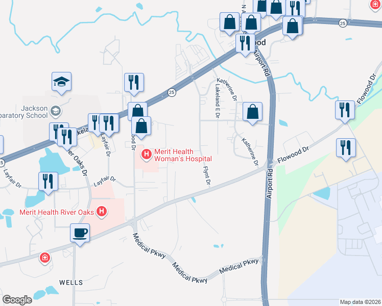 map of restaurants, bars, coffee shops, grocery stores, and more near 1045 Flynt Drive in Flowood