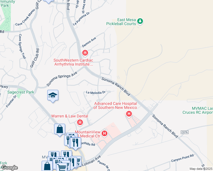 map of restaurants, bars, coffee shops, grocery stores, and more near 633 La Melodia Drive in Las Cruces