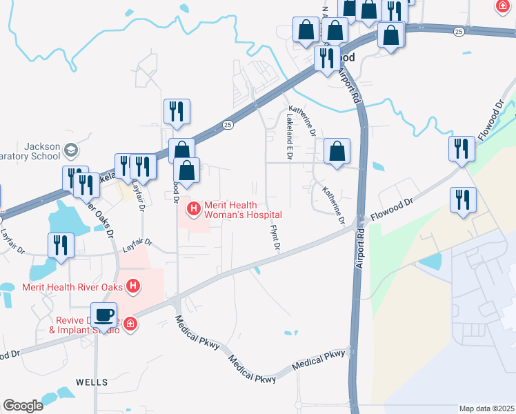 map of restaurants, bars, coffee shops, grocery stores, and more near 1045 Flynt Drive in Flowood