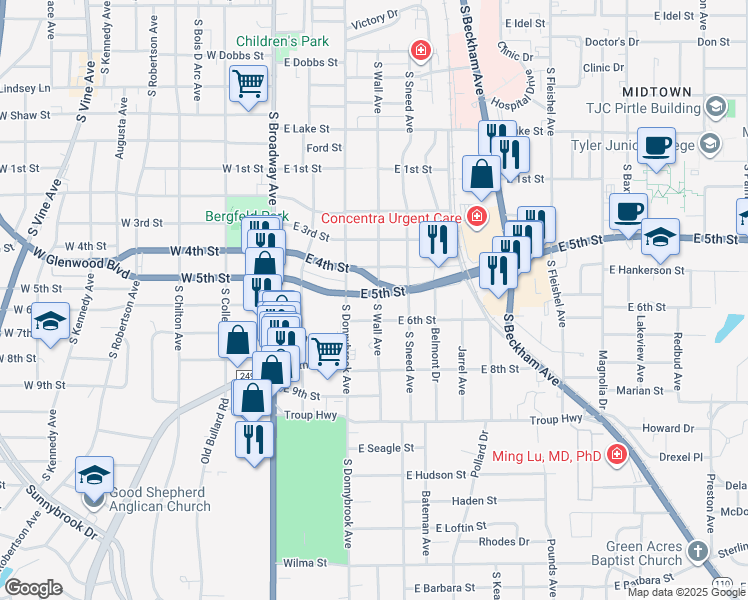 map of restaurants, bars, coffee shops, grocery stores, and more near 419 East 6th Street in Tyler