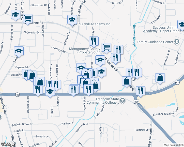 map of restaurants, bars, coffee shops, grocery stores, and more near 2885 East South Boulevard in Montgomery