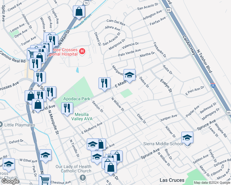 map of restaurants, bars, coffee shops, grocery stores, and more near 2000 Desert Drive in Las Cruces