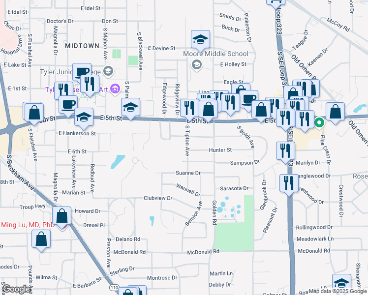map of restaurants, bars, coffee shops, grocery stores, and more near 2028 Hunter Street in Tyler