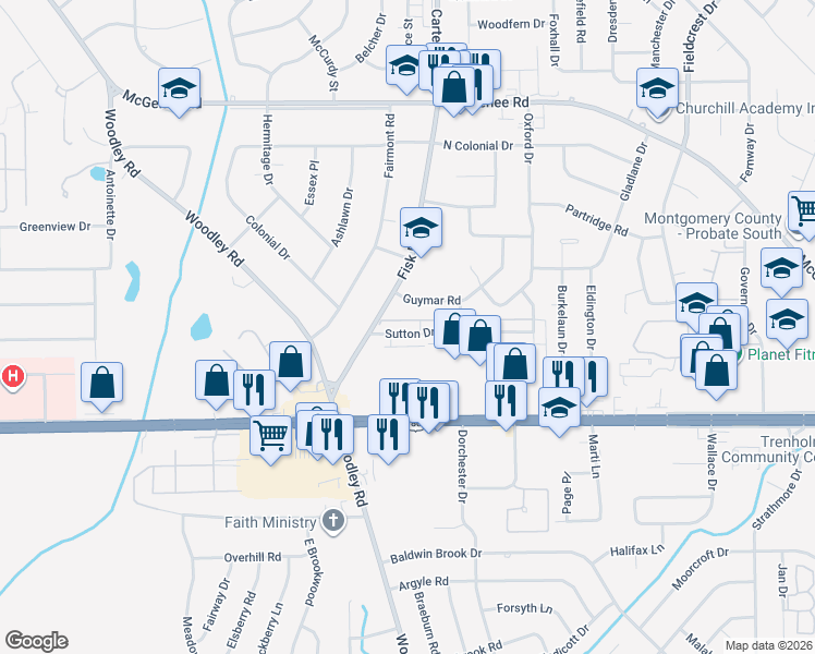 map of restaurants, bars, coffee shops, grocery stores, and more near 3023 Sutton Drive in Montgomery