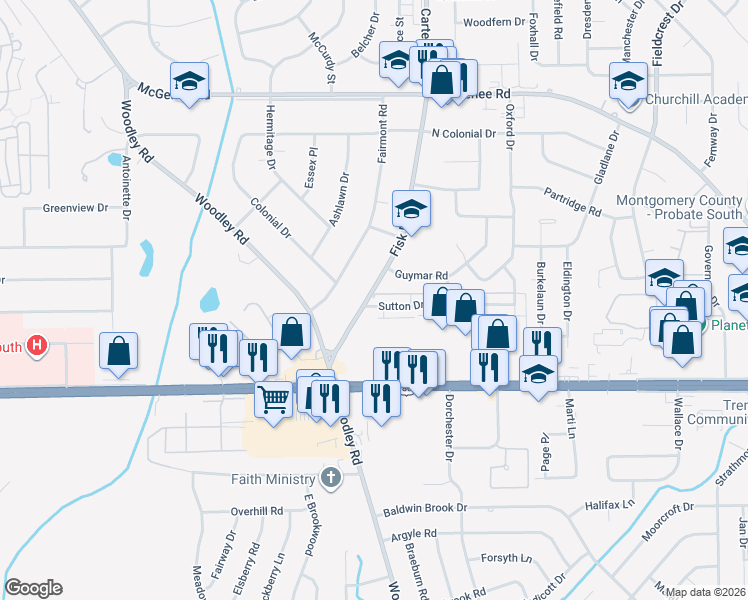 map of restaurants, bars, coffee shops, grocery stores, and more near 2740 Fisk Road in Montgomery