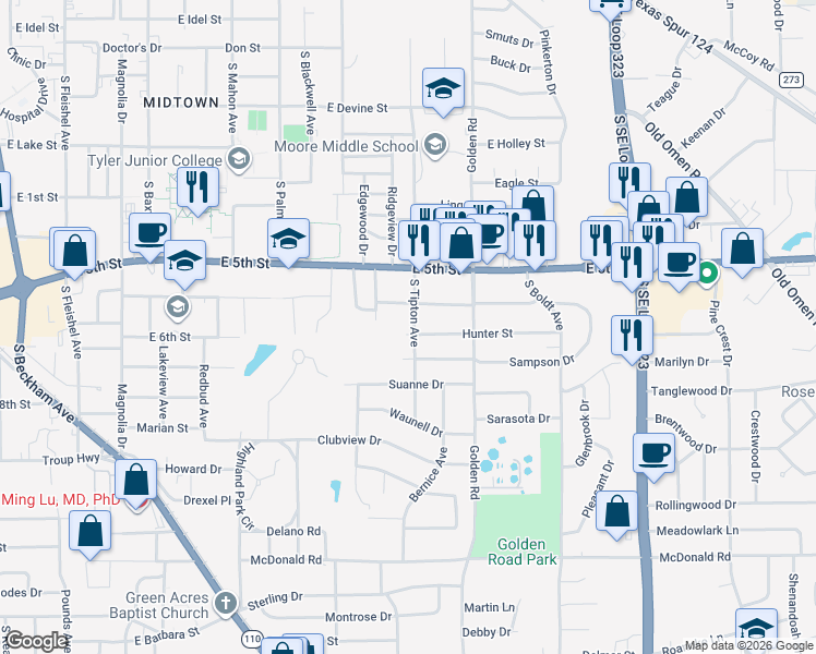 map of restaurants, bars, coffee shops, grocery stores, and more near 2021 Elgem Street in Tyler