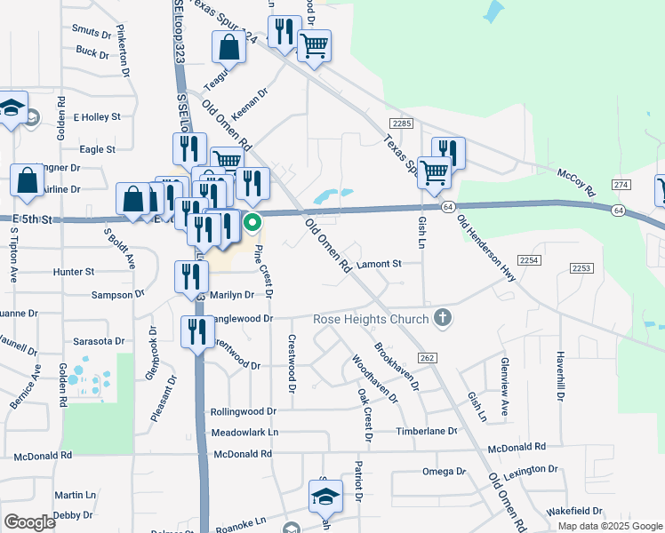 map of restaurants, bars, coffee shops, grocery stores, and more near 1712 Old Omen Road in Tyler
