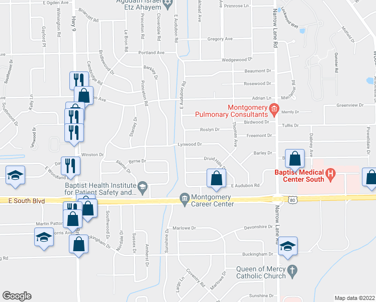 map of restaurants, bars, coffee shops, grocery stores, and more near 3809 East Audubon Road in Montgomery