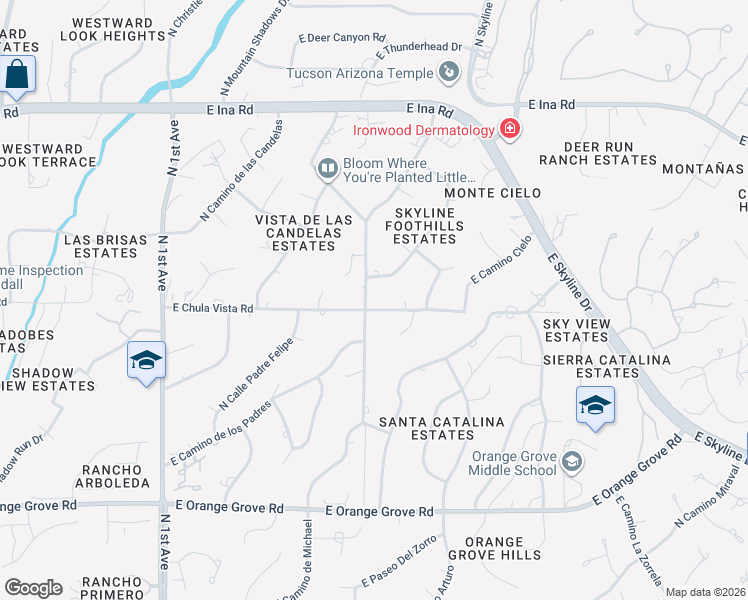 map of restaurants, bars, coffee shops, grocery stores, and more near 6820 North Stardust Circle in Tucson