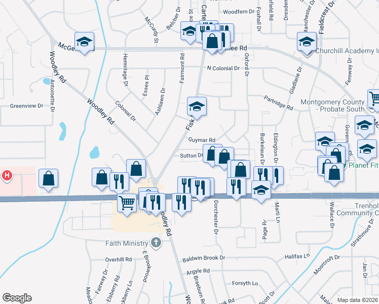 map of restaurants, bars, coffee shops, grocery stores, and more near 3008 Guymar Road in Montgomery