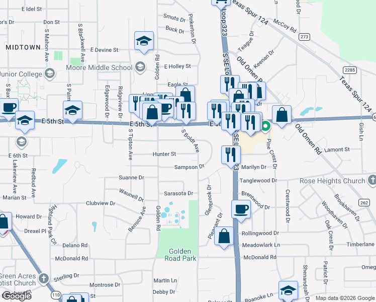 map of restaurants, bars, coffee shops, grocery stores, and more near 1630 Sampson Drive in Tyler