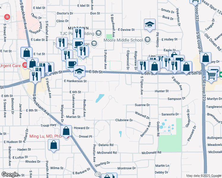 map of restaurants, bars, coffee shops, grocery stores, and more near 1701 Rose Road in Tyler