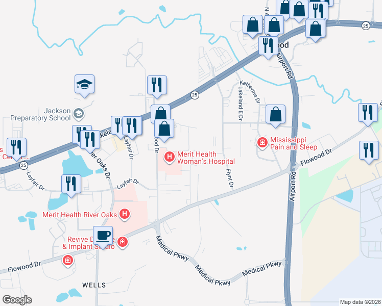map of restaurants, bars, coffee shops, grocery stores, and more near 585 Dexter Drive in Flowood