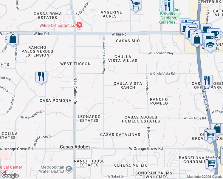 map of restaurants, bars, coffee shops, grocery stores, and more near 1120 West Middleton Road in Tucson