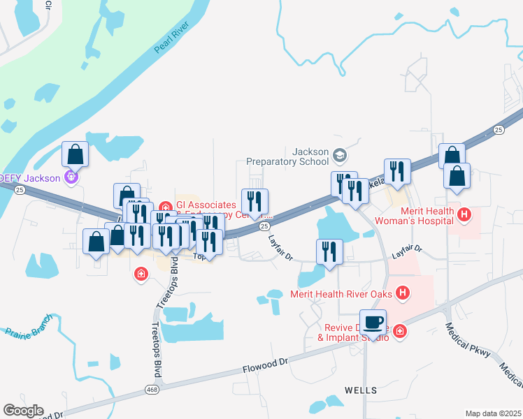 map of restaurants, bars, coffee shops, grocery stores, and more near 2901 North Layfair Drive in Flowood