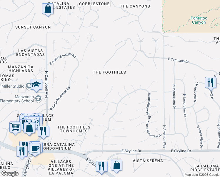 map of restaurants, bars, coffee shops, grocery stores, and more near 6841 North Quartzite Canyon Place in Tucson