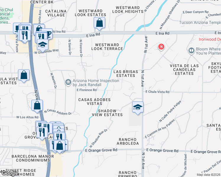 map of restaurants, bars, coffee shops, grocery stores, and more near 343 East Florence Road in Tucson