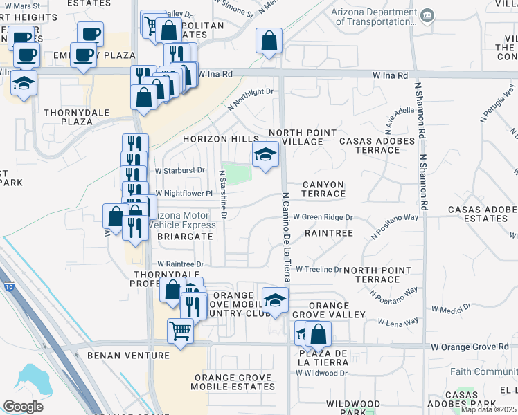map of restaurants, bars, coffee shops, grocery stores, and more near 3443 West Horizon Hills Drive in Tucson