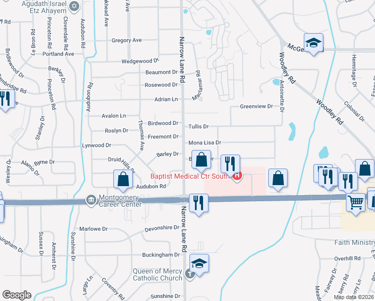 map of restaurants, bars, coffee shops, grocery stores, and more near 2011 Mona Lisa Drive in Montgomery