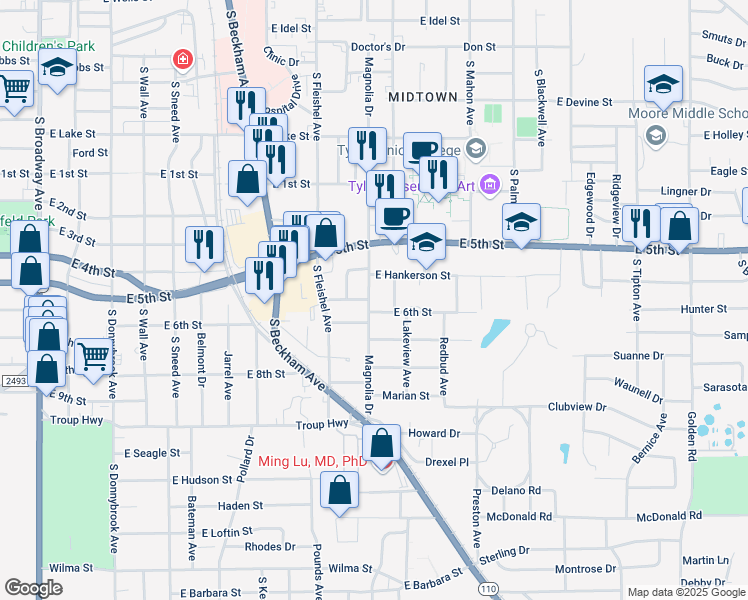 map of restaurants, bars, coffee shops, grocery stores, and more near 1716 Magnolia Drive in Tyler