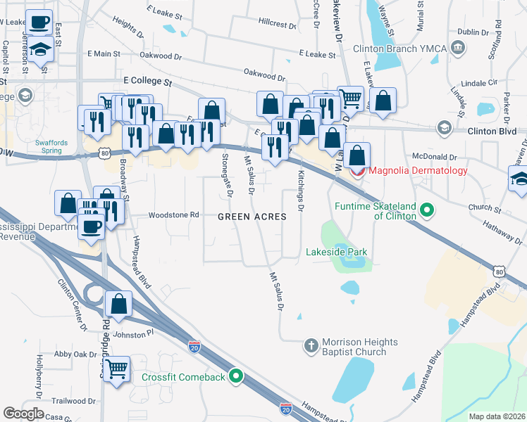 map of restaurants, bars, coffee shops, grocery stores, and more near 201 Mount Salus Road in Clinton