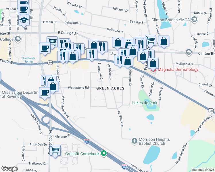 map of restaurants, bars, coffee shops, grocery stores, and more near 201 Mount Salus Road in Clinton
