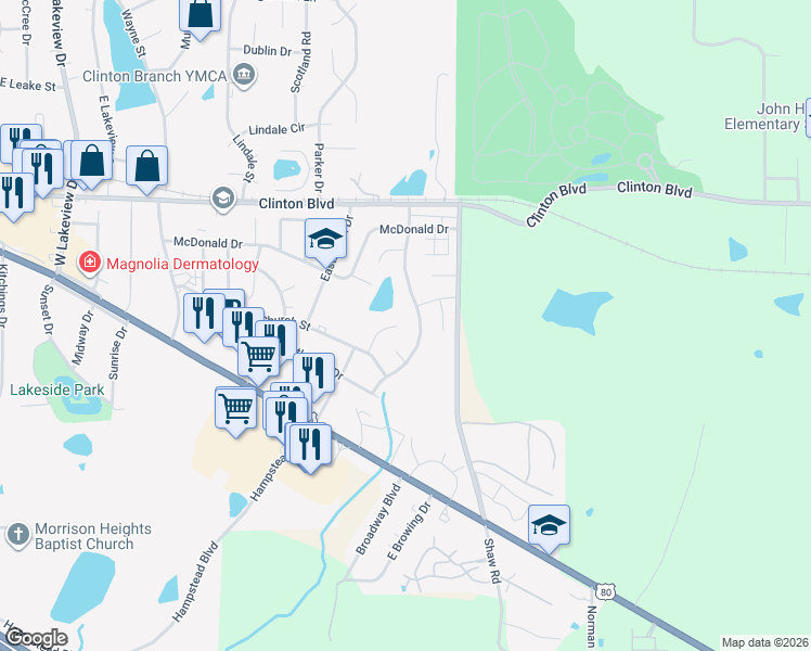 map of restaurants, bars, coffee shops, grocery stores, and more near 107 Amis Court in Clinton