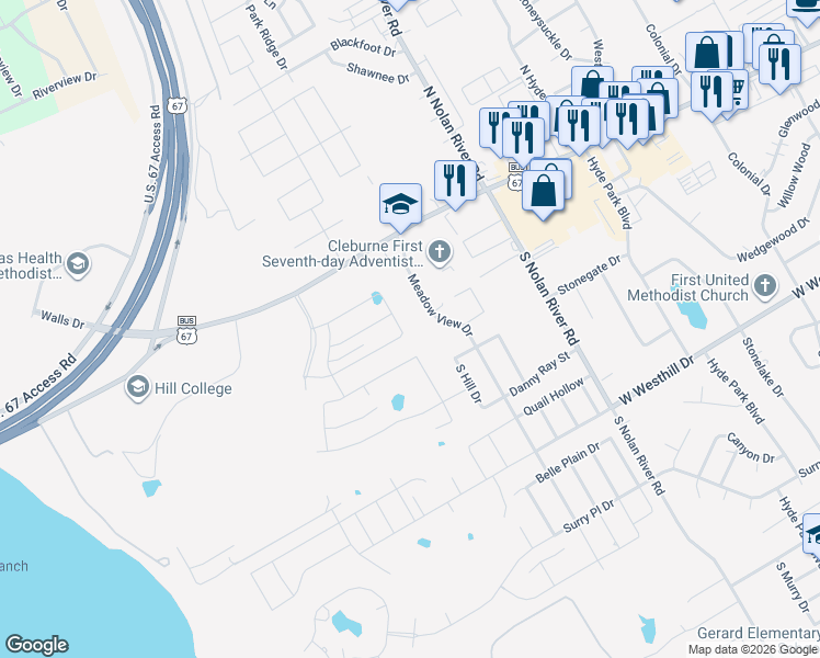 map of restaurants, bars, coffee shops, grocery stores, and more near 1712 Live Oak Drive in Cleburne