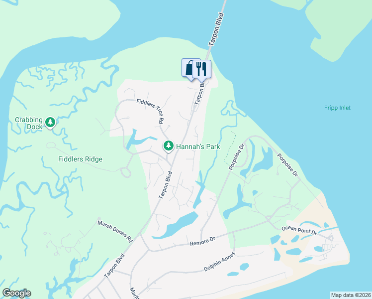 map of restaurants, bars, coffee shops, grocery stores, and more near 102 Sand Piper Run in Fripp Island