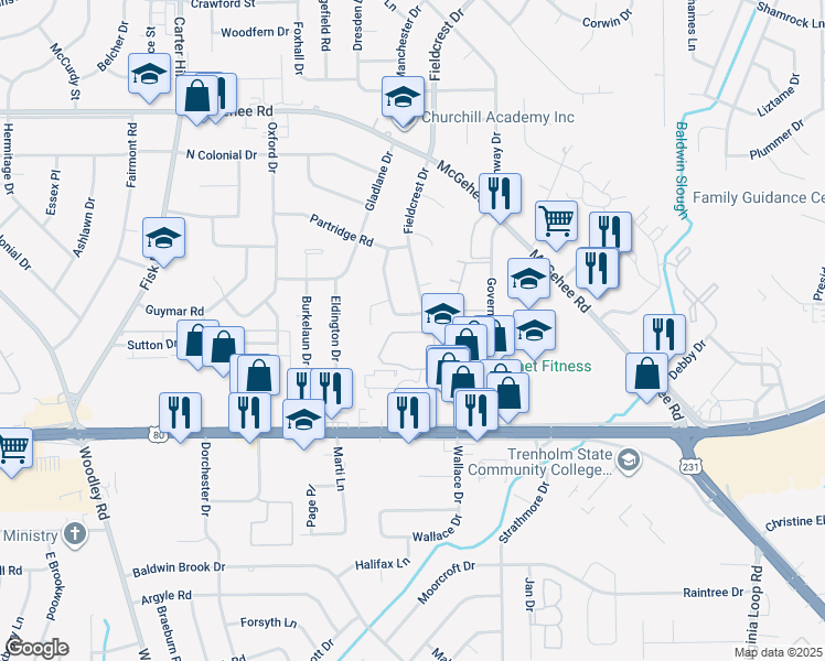 map of restaurants, bars, coffee shops, grocery stores, and more near 3897-3901 Fieldcrest Drive in Montgomery