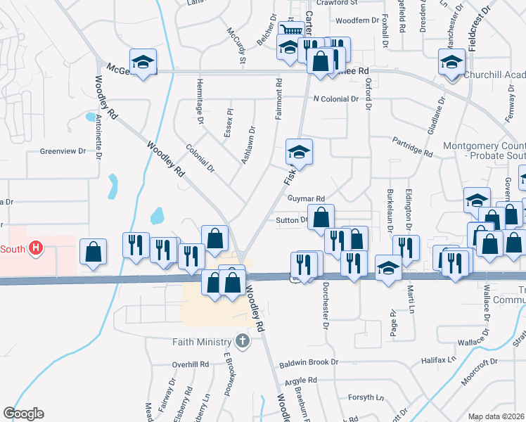 map of restaurants, bars, coffee shops, grocery stores, and more near 2740 Fisk Road in Montgomery