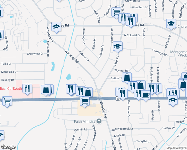 map of restaurants, bars, coffee shops, grocery stores, and more near 2863 Woodley Road in Montgomery