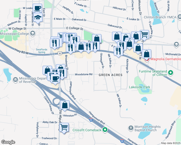 map of restaurants, bars, coffee shops, grocery stores, and more near 107 Woodstone Place in Clinton
